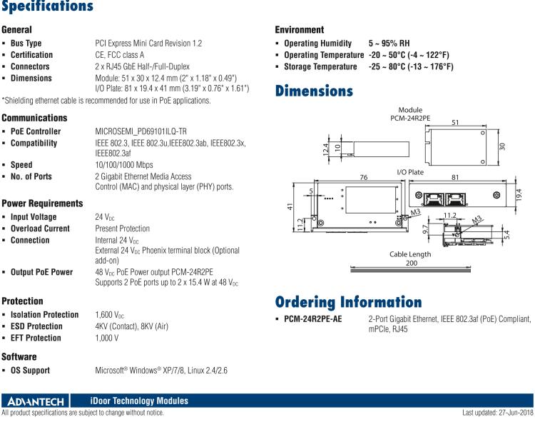研華PCM-24R2PE 2端口千兆以太網(wǎng)，兼容IEEE 802.3af（PoE），mPCIe，RJ45