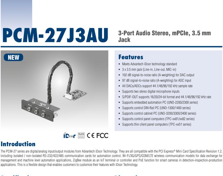 研華PCM-27J3AU 3端口立體聲音頻，mPCIe，3.5毫米插孔