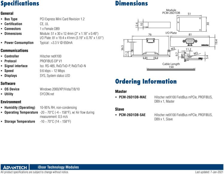 研華PCM-26D1DB 1端口 Hilscher netX100 現(xiàn)場總線 mPCIe，PROFIBUS，DB9