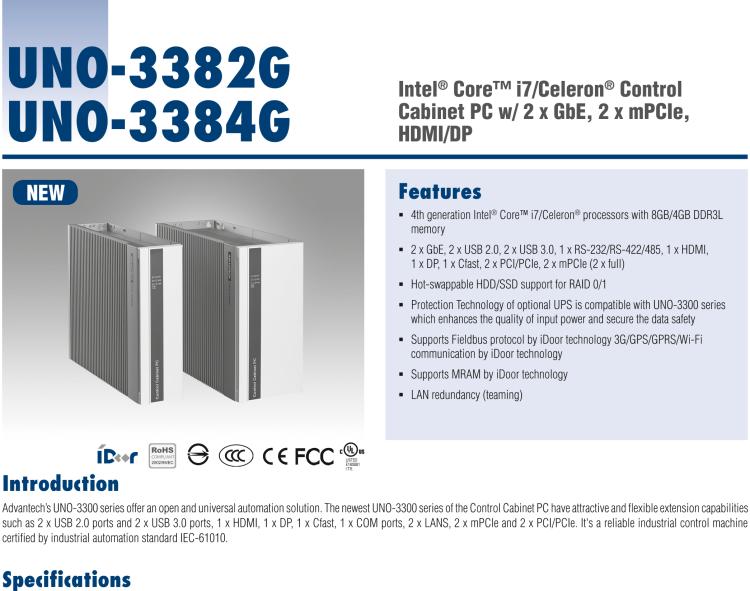 研華UNO-3384G Intel? Core? i7/Celeron控制柜PC，2 x GbE, 2 x mPCIe, HDMI/DP