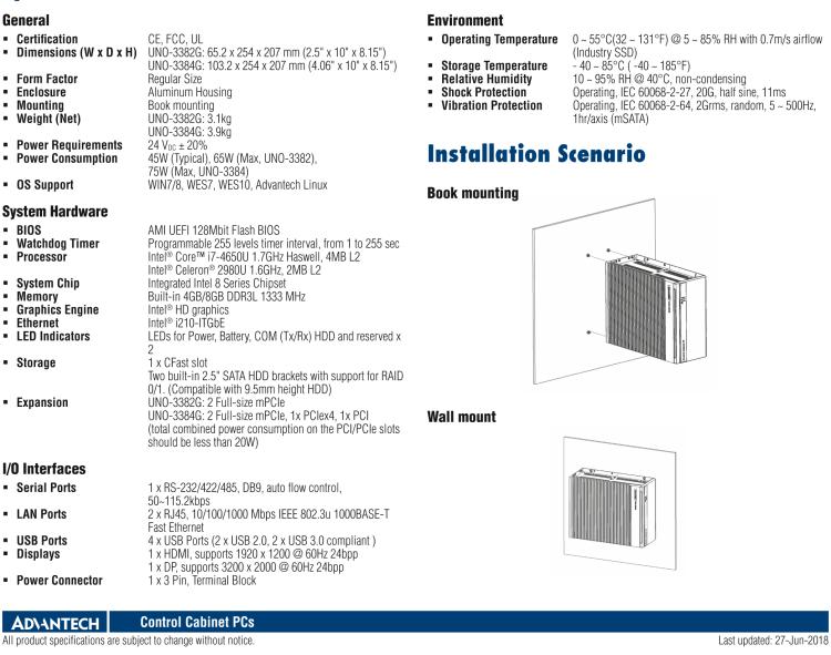 研華UNO-3384G Intel? Core? i7/Celeron控制柜PC，2 x GbE, 2 x mPCIe, HDMI/DP