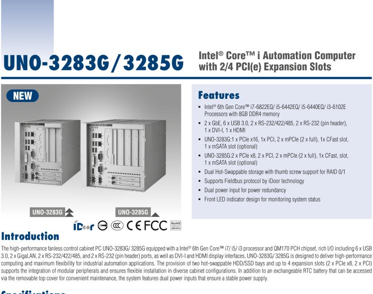 研華UNO-3285G 高效能嵌入式無(wú)風(fēng)扇工業(yè)電腦，搭配Intel? Core? i 處理器，4×PCI(e) 擴(kuò)展槽, 2×GbE, 2×mPCIe, HDMI, DVI-I