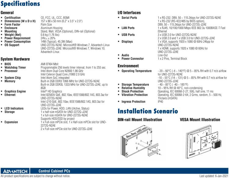研華UNO-2272G 袖珍型嵌入式工控機(jī)，搭配Intel? Atom?處理器，1 x GbE, 2 x mPCIe, VGA/HDMI