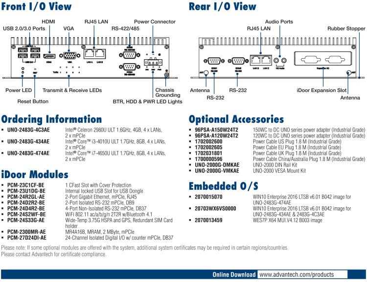 研華UNO-2483G 標準型嵌入式無風扇工業(yè)電腦，搭配Intel? Core? i7/i3/Celeron處理器，4×GbE, 3×mPCIe, HDMI/VGA