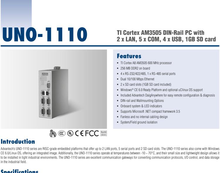 研華UNO-1110 導軌安裝型工業(yè)控制器，搭配TI Coretex AM3505 處理器，2×LAN，5×COM，4×USB，1 GB SD卡