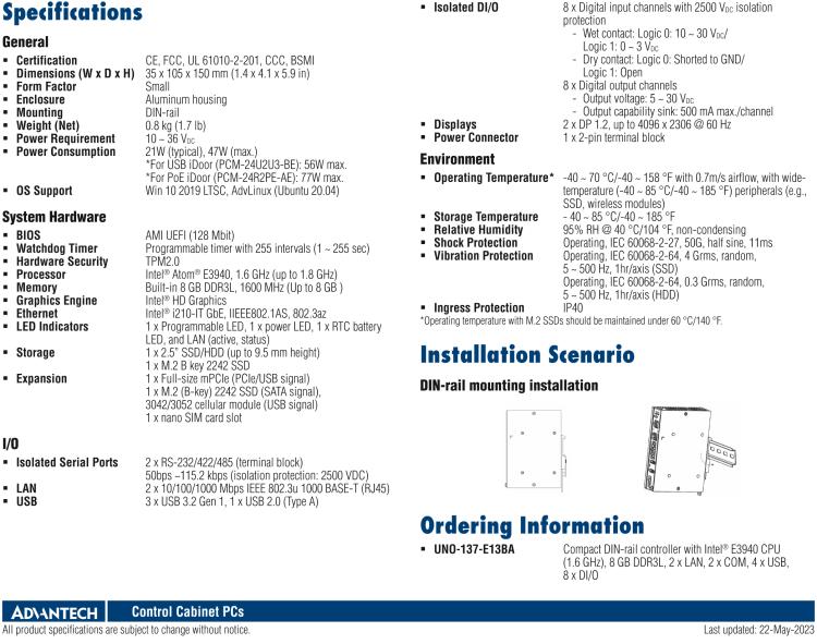 研華UNO-137 DIN導軌控制器，配備Intel?Atom?E3940 CPU、2個LAN、2個COM、3個USB 3.0、1個USB 2.0、2個DP 1.2、8個DI、8個DO、1個M.2、1個mPCIe、TPM 2.0