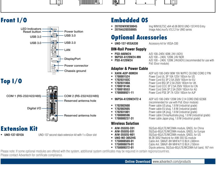 研華UNO-137 DIN導軌控制器，配備Intel?Atom?E3940 CPU、2個LAN、2個COM、3個USB 3.0、1個USB 2.0、2個DP 1.2、8個DI、8個DO、1個M.2、1個mPCIe、TPM 2.0