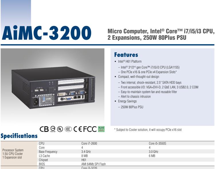 研華AiMC-3200 智能微型工控機(jī)，Intel Core i7/i5/i3 CPU,2 擴(kuò)展槽，250W 80 Plus PSU