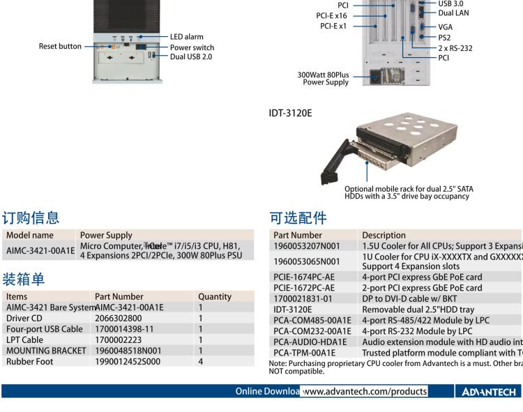 研華AIMC-3421 智能微型計算機，支持英特爾酷睿? i7/i5/i3 CPU,H81芯片組，4個擴展槽2PCI/2PCIe,300W 80Plus 電源