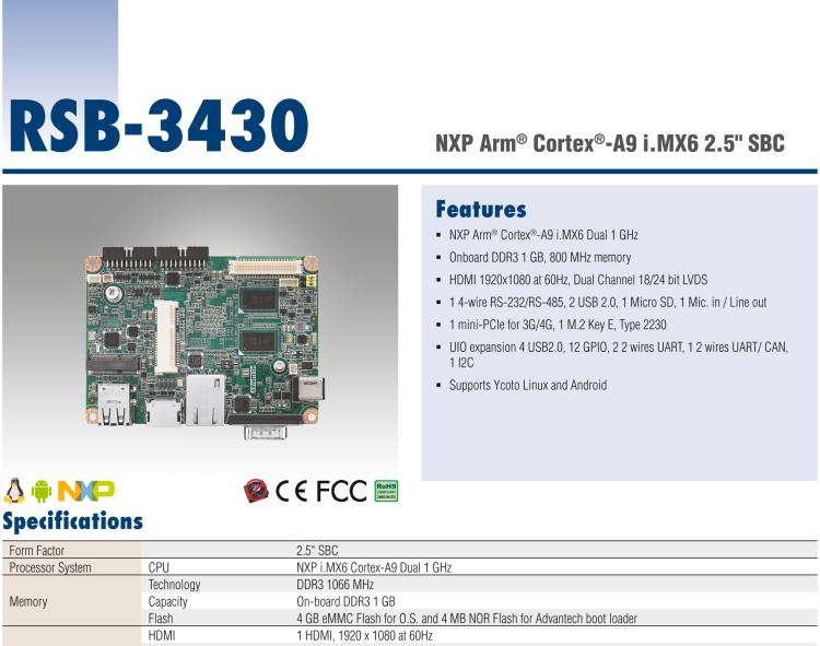 研華RSB-3430 基于NXP Arm Cortex-A9 i.MX6平臺,精簡功能的2.5寸緊湊型單板電腦。搭配UIO20/40可快速擴展各種外設(shè)接口