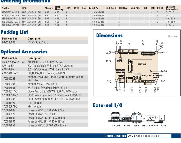 研華RSB-3430 基于NXP Arm Cortex-A9 i.MX6平臺,精簡功能的2.5寸緊湊型單板電腦。搭配UIO20/40可快速擴展各種外設(shè)接口