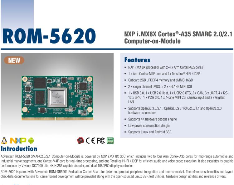 研華ROM-5620 基于NXP i.MX8X SMARC2.0 Arm核心板，多接口，低功耗設(shè)計