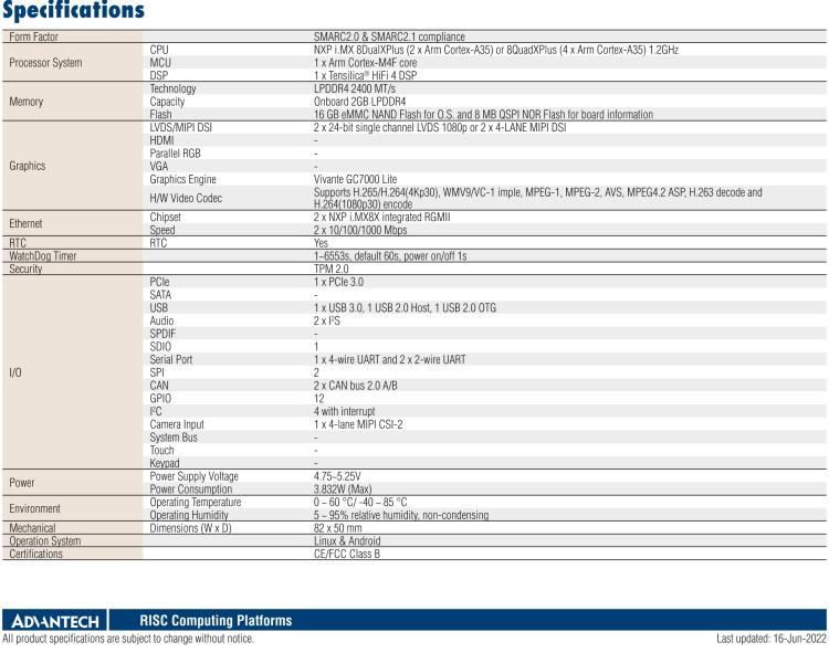 研華ROM-5620 基于NXP i.MX8X SMARC2.0 Arm核心板，多接口，低功耗設(shè)計