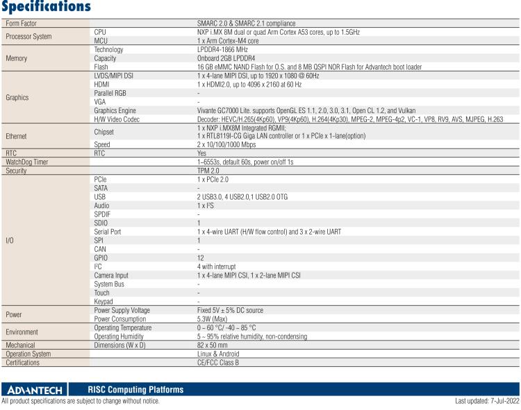 研華ROM-5720 基于NXP i.MX8M SMARC2.0 Arm核心板 ,支持4K顯示，豐富的I/O接口