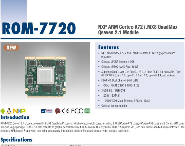 研華ROM-7720 基于NXP i.MX 8QM Qseven Arm核心模塊，多核異構(gòu)，具備優(yōu)異的計算及圖形顯示性能
