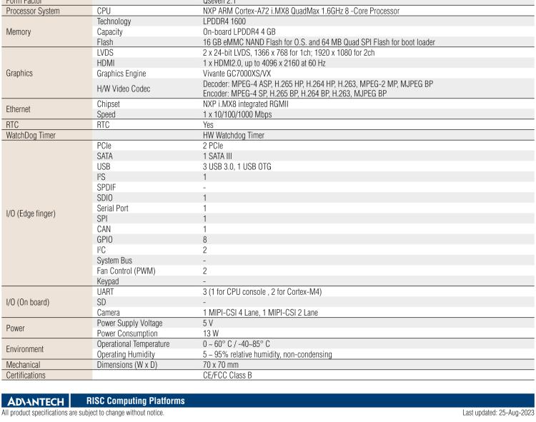 研華ROM-7720 基于NXP i.MX 8QM Qseven Arm核心模塊，多核異構(gòu)，具備優(yōu)異的計算及圖形顯示性能