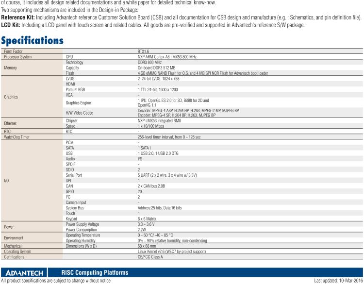 研華ROM-1210 基于NXP ARM Cortex?-A8 i.MX53 1GHz高性能處理器的RTX核心模塊，低功耗
