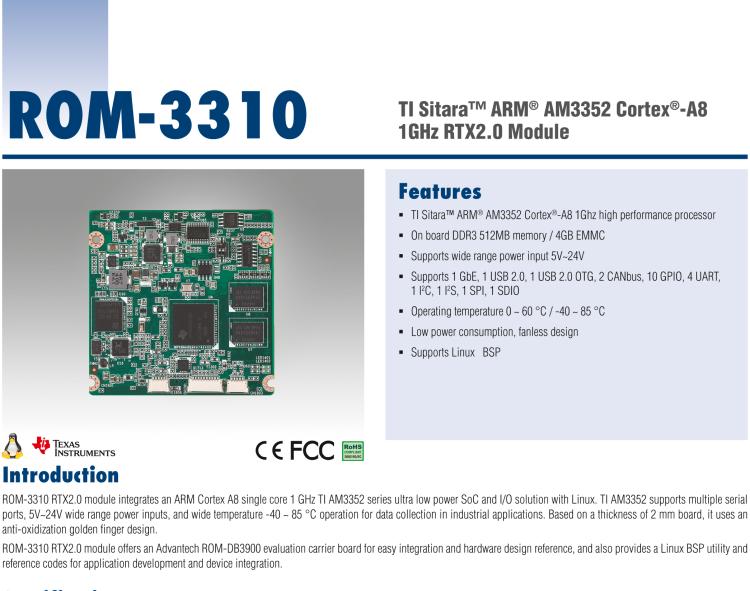 研華ROM-3310 基于TI AM3352 Cortex A8 1GHz RTX 2.0 的標準核心板，適用于寬溫抗震等工業(yè)自動化領(lǐng)域