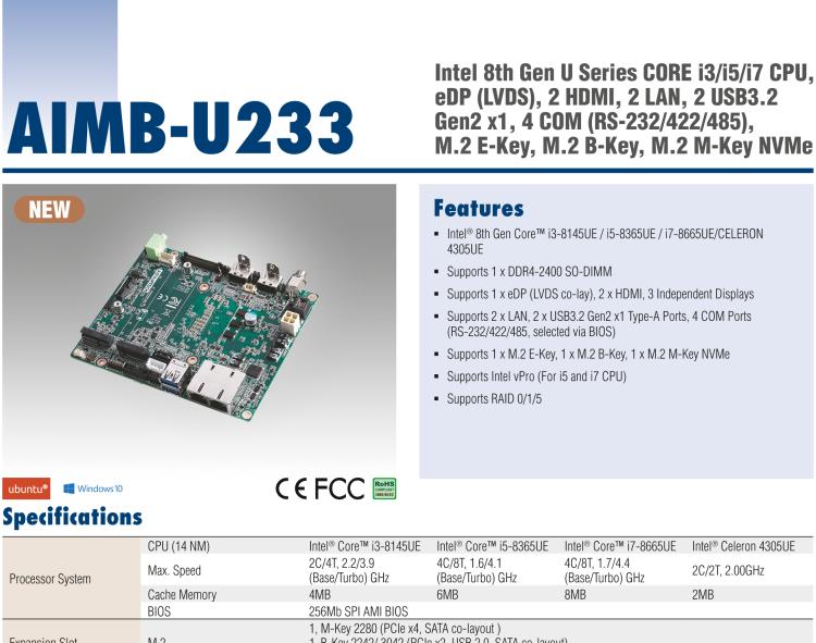 研華AIMB-U233 板載Intel 第8代 U系列 Core i3/i5/i7 處理器。低功耗高性能，無風(fēng)扇設(shè)計。