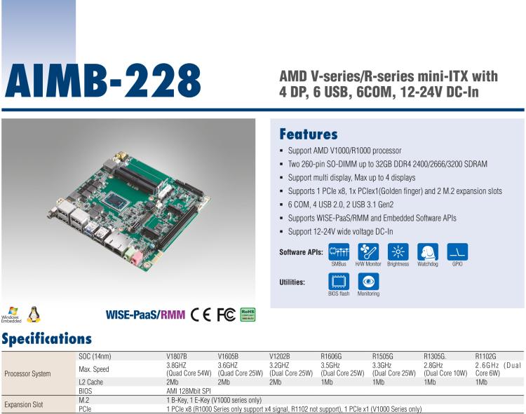 研華AIMB-228 板載AMD V系列/R系列處理器。超薄設計，支持寬壓，廣泛應用在圖像處理、醫(yī)療影像等行業(yè)上。