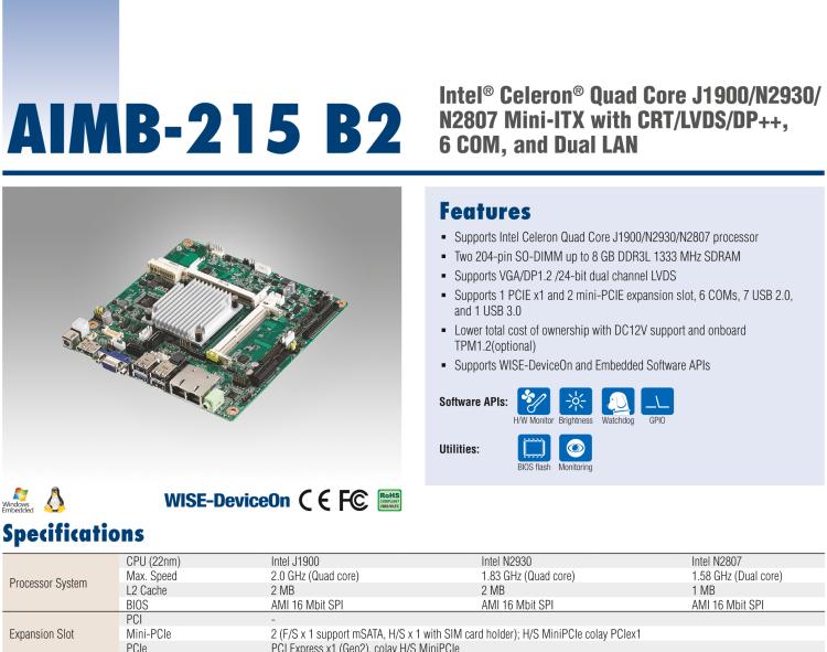 研華AIMB-215 板載Intel? 第4代 賽揚處理器。豐富的擴展，無風(fēng)扇設(shè)計，支持寬溫寬壓。