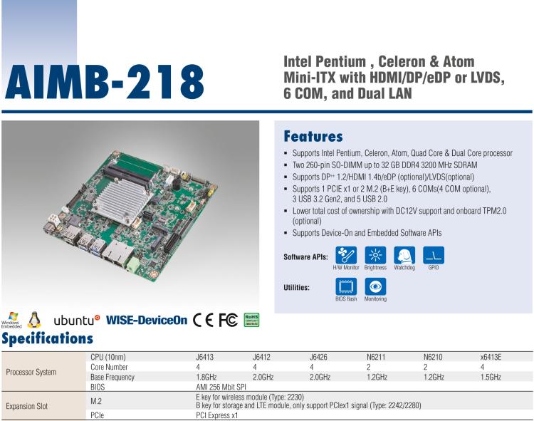 研華AIMB-218 板載Intel? 第8代 奔騰/賽揚(yáng)/凌動(dòng)系列處理器。支持獨(dú)立三顯，超薄緊湊，無風(fēng)扇設(shè)計(jì)，支持寬溫。