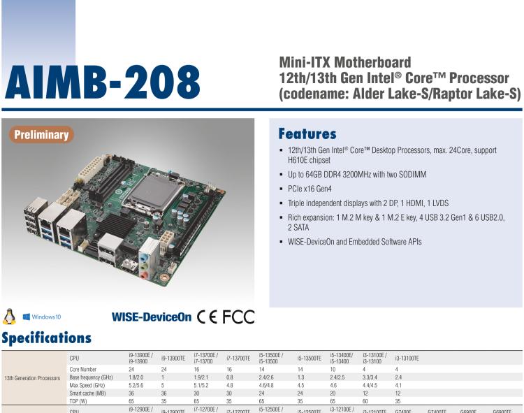 研華AIMB-208 適配Intel 第12/13代 Core i/奔騰系列處理器，搭載H110芯片組。高性價比，擁有豐富的擴展接口，通用性強，穩(wěn)定可靠。