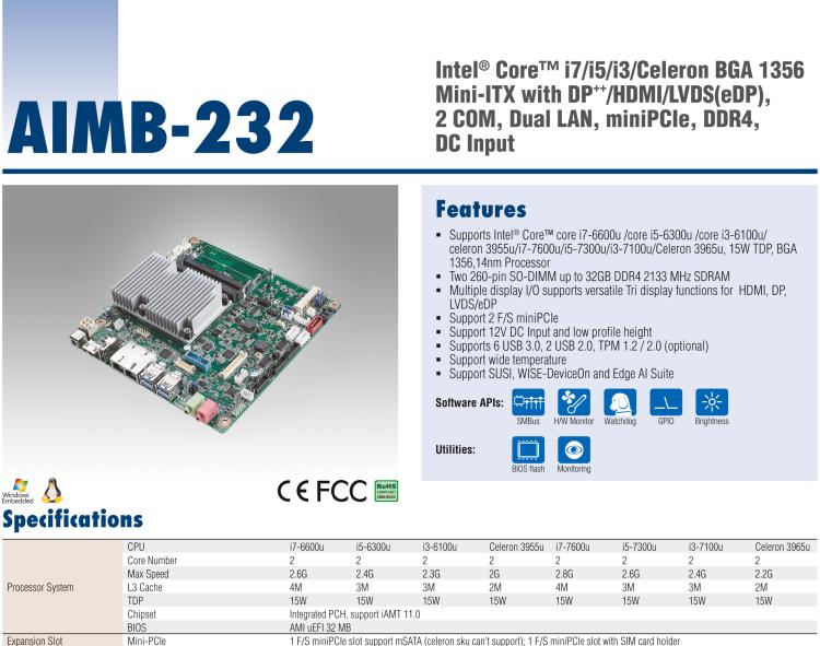 研華AIMB-232 板載Intel? 第6/7代 Core? i/賽揚 處理器。超薄設計，無風扇設計，支持寬溫。