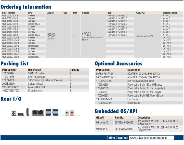 研華AIMB-232 板載Intel? 第6/7代 Core? i/賽揚 處理器。超薄設計，無風扇設計，支持寬溫。