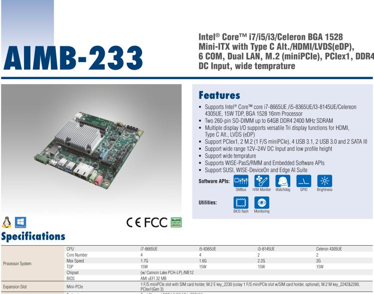 研華AIMB-233 板載Intel? 第8代 Core i 處理器。擁有Type C接口，滿足各類擴(kuò)展需求。低功耗，超薄緊湊，無風(fēng)扇設(shè)計，支持寬溫寬壓，性能強(qiáng)勁。