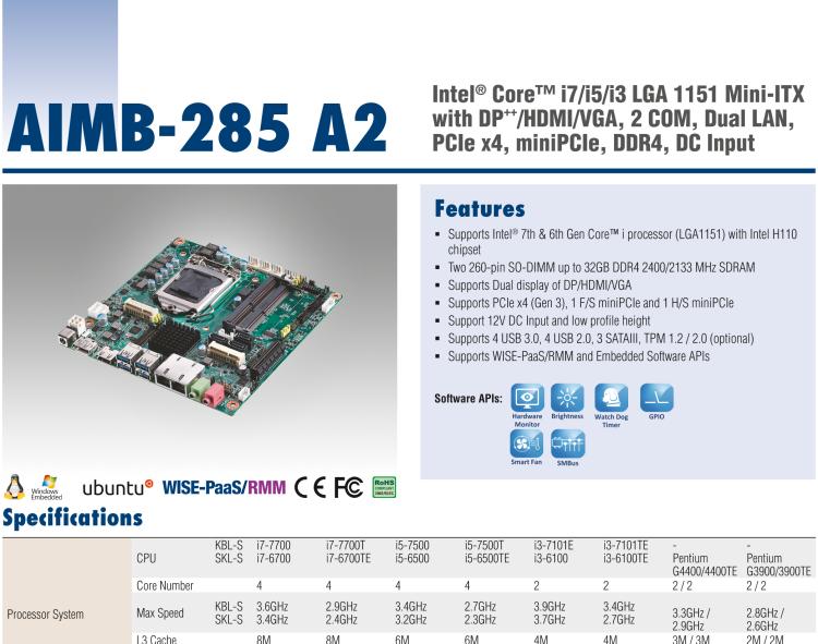 研華AIMB-285 適配Intel? 第6/7代 Core? i 處理器，搭載H110芯片組。超薄緊湊，是理想的高性價比解決方案。