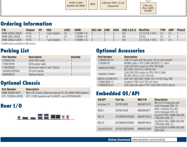 研華AIMB-285 適配Intel? 第6/7代 Core? i 處理器，搭載H110芯片組。超薄緊湊，是理想的高性價比解決方案。