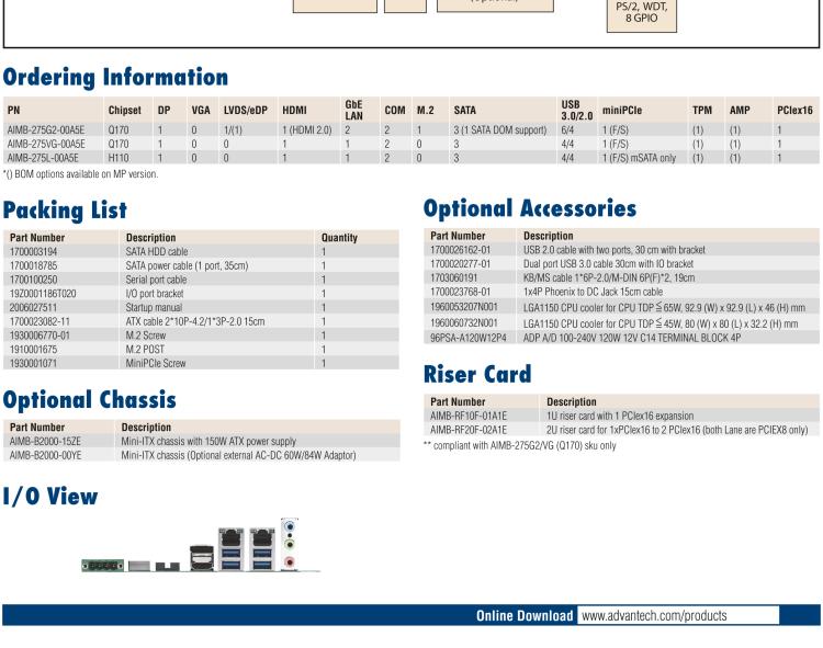 研華AIMB-275 適配Intel? 第6/7代 Core? i 處理器，搭載Intel Q170/H110芯片組。性能強勁，接口豐富。