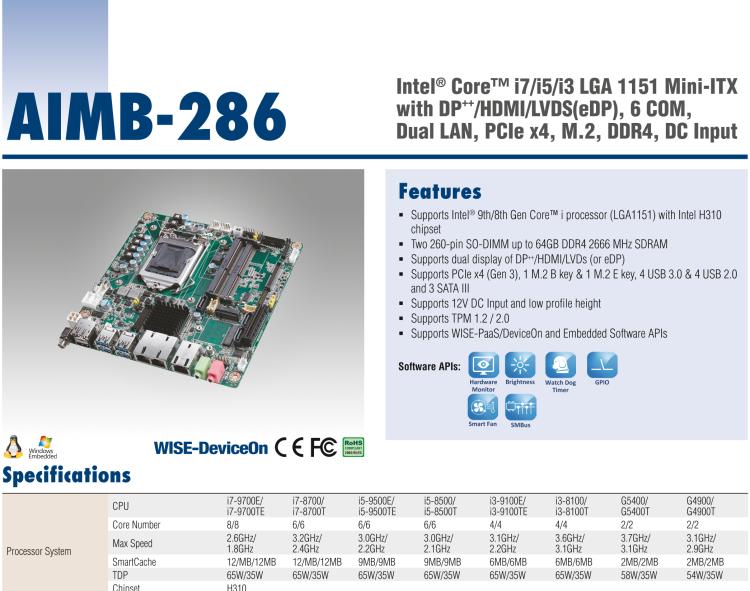 研華AIMB-286 Intel? 第8/9代 Core? i 系列處理器，搭載Intel H310芯片組。超薄設(shè)計(jì)，結(jié)構(gòu)緊湊。