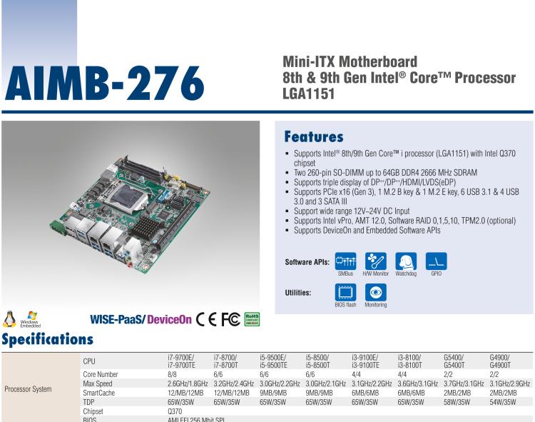 研華AIMB-276 適配Intel 第8/9代 Core?i7/i5/i3 處理器，搭載Q370芯片組。超高性能，是邊緣計(jì)算、AI視頻檢測(cè)等理想解決方案。