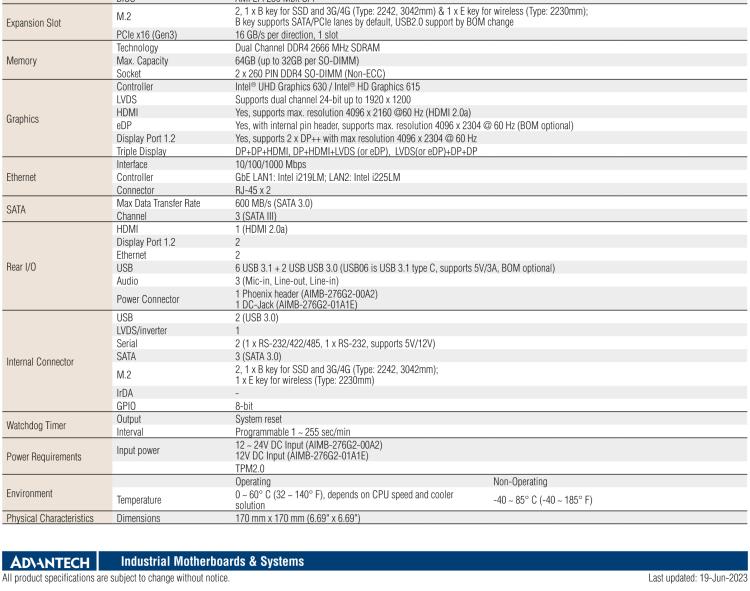 研華AIMB-276 適配Intel 第8/9代 Core?i7/i5/i3 處理器，搭載Q370芯片組。超高性能，是邊緣計(jì)算、AI視頻檢測(cè)等理想解決方案。