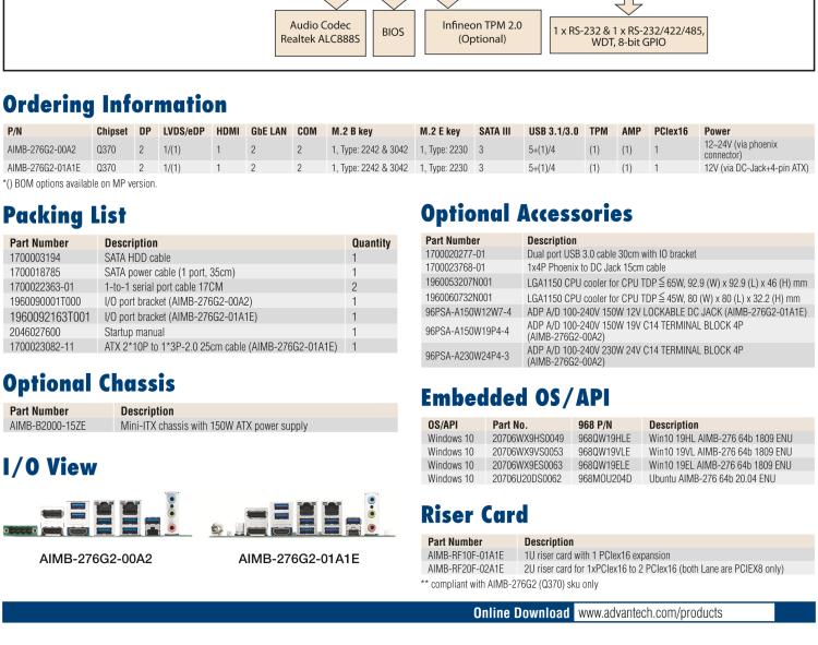 研華AIMB-276 適配Intel 第8/9代 Core?i7/i5/i3 處理器，搭載Q370芯片組。超高性能，是邊緣計(jì)算、AI視頻檢測(cè)等理想解決方案。
