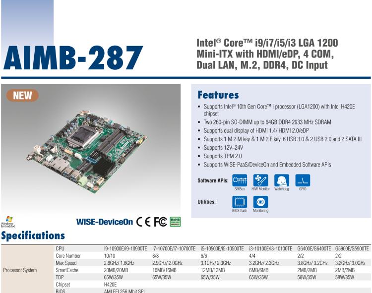 研華AIMB-287 適配Intel? 第10代 Core? i 系列處理器，搭載H420E芯片組。超薄設計，性能強勁。