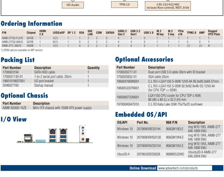 研華AIMB-277 適配Intel? 第10代 Core? i 系列處理器，搭載Q470E芯片組。性能強(qiáng)勁，適用于高端應(yīng)用領(lǐng)域。