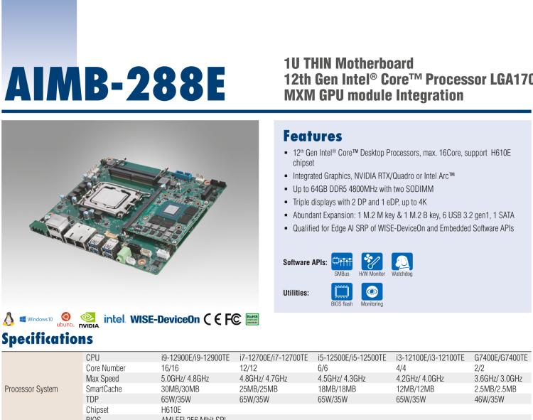 研華AIMB-288E 板載Intel 第12代 Core i 桌面級CPU。橫向顯卡插槽，搭配NVIDIA Quadro T1000 MXM顯卡。超薄散熱設(shè)計(jì)，高性能選擇方案。