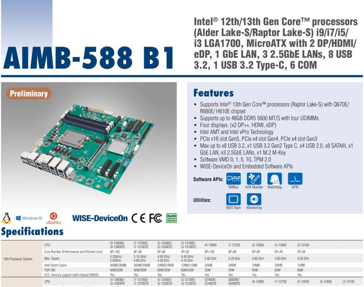 研華AIMB-588B1 適配Intel 第12/13代 Core i/奔騰系列處理器，搭載Q670E/R680E/H610E芯片組。性能可達(dá)服務(wù)器級(jí)別，獨(dú)立四顯，具備專(zhuān)業(yè)的圖像處理能力，是理想的行業(yè)解決方案。