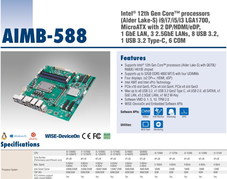 研華AIMB-588 適配Intel 第12代 Core i 系列處理器，搭載Q670E/ R680E/ H610E芯片組。高性能可達(dá)服務(wù)器級(jí)別高端產(chǎn)品，獨(dú)立四顯，專業(yè)的圖像處理能力，是理想的行業(yè)解決方案。