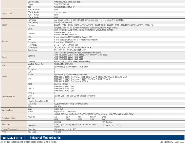 研華AIMB-588 適配Intel 第12代 Core i 系列處理器，搭載Q670E/ R680E/ H610E芯片組。高性能可達(dá)服務(wù)器級(jí)別高端產(chǎn)品，獨(dú)立四顯，專業(yè)的圖像處理能力，是理想的行業(yè)解決方案。