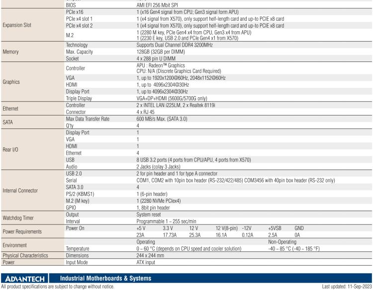 研華AIMB-522 適配AMD Ryzen? AM4 5000系列處理器，搭載X570芯片組。具有豐富接口，雙千兆網(wǎng)口和雙2.5GbE網(wǎng)口設(shè)計(jì)，用于自動(dòng)化和人工智能圖像處理等高端行業(yè)。