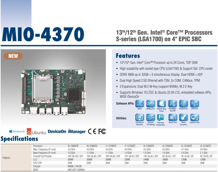 研華MIO-4370 基于第12代Intel Core處理器（Alder Lake-S系列，LGA1700 socket CPU）， 4" EPIC 單板電腦