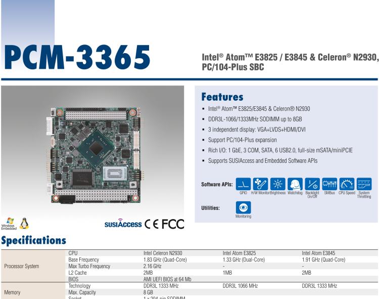 研華PCM-3365 英特爾第四代凌動?Atom?E3825 / E3845＆賽揚?N2930，PC / 104-Plus嵌入式主板，ISA，VGA，HDMI / DVI，LVDS，6 USB，mSATA或板載SSD