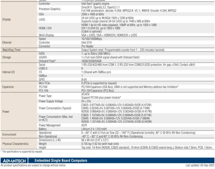 研華PCM-3365 英特爾第四代凌動?Atom?E3825 / E3845＆賽揚?N2930，PC / 104-Plus嵌入式主板，ISA，VGA，HDMI / DVI，LVDS，6 USB，mSATA或板載SSD