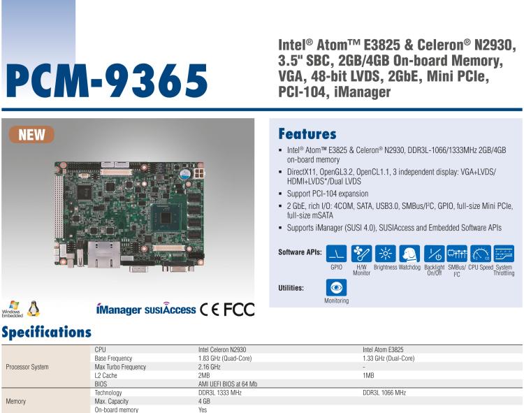 研華PCM-9365 第四代ATOM PCI-104 3.5寸主板, 搭載E3825，N2930 CPU，2GB/4GB內存在板，VGA, 18/24-bit LVDS, 2GbE, Mini PCIe, PCI-104, iManager