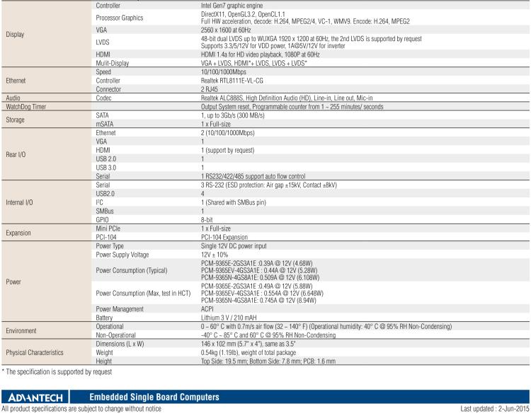 研華PCM-9365 第四代ATOM PCI-104 3.5寸主板, 搭載E3825，N2930 CPU，2GB/4GB內存在板，VGA, 18/24-bit LVDS, 2GbE, Mini PCIe, PCI-104, iManager