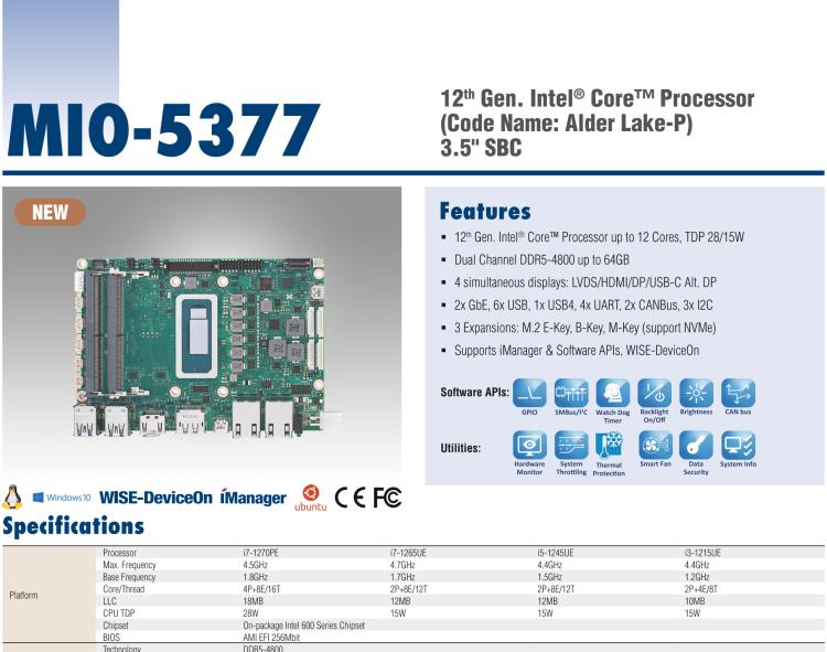 研華MIO-5377 第12代 Intel Core i7/ i5/ i3 P系列，3.5"單板電腦， 高達12 核心，TDP 28/15W